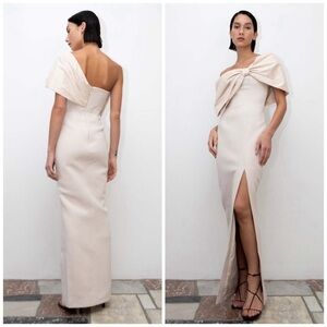 Rachel Gilbert Kace Draped Bow Slit Gown Cream Beige Size 6 Formal Evening Party